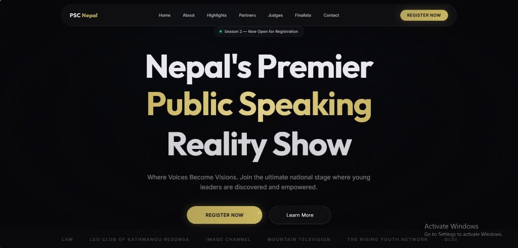 Public Speaking Championship Nepal — live site hero with navigation, registration, and partner bar